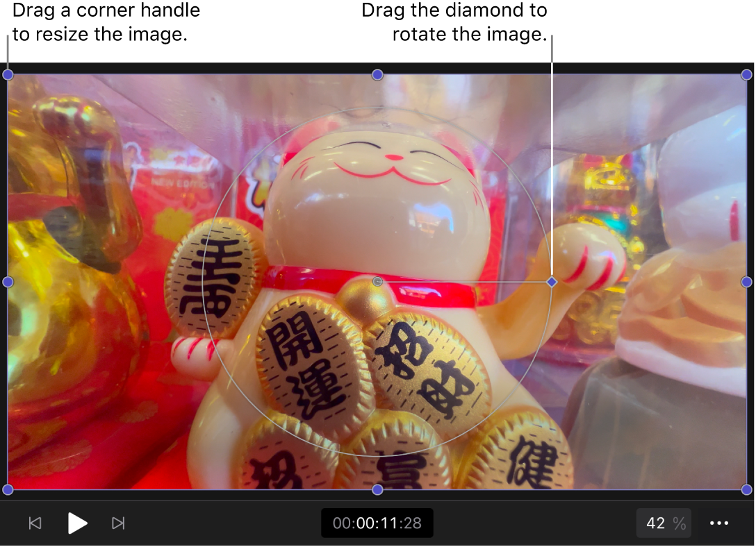 检视器中的屏幕变换控制,包括调整大小控制柄和旋转控制柄。