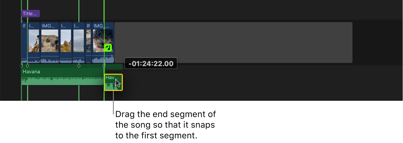 Die Timeline zeigt das Endsegment des Musikclips, das an das erste Segment gezogen wird, um die Lücke zu schließen.
