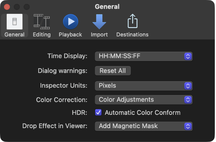 Bereich „Allgemein“ im Final Cut Pro-Fenster „Einstellungen“