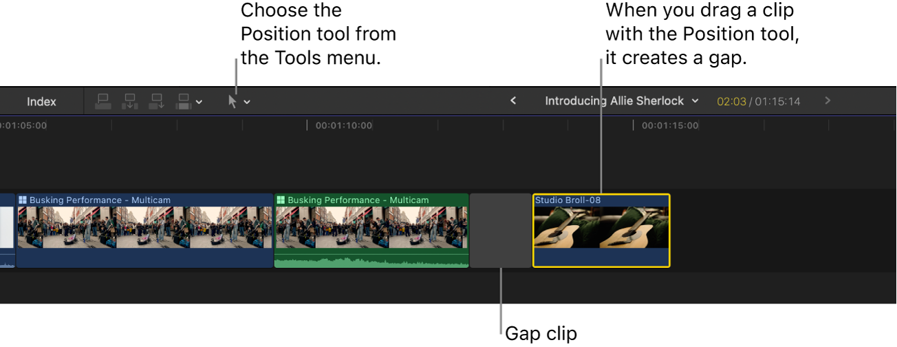 Die Timeline mit dem Positionswerkzeug und einem Clip, der nach rechts bewegt wurde und eine Lücke erzeugt hat