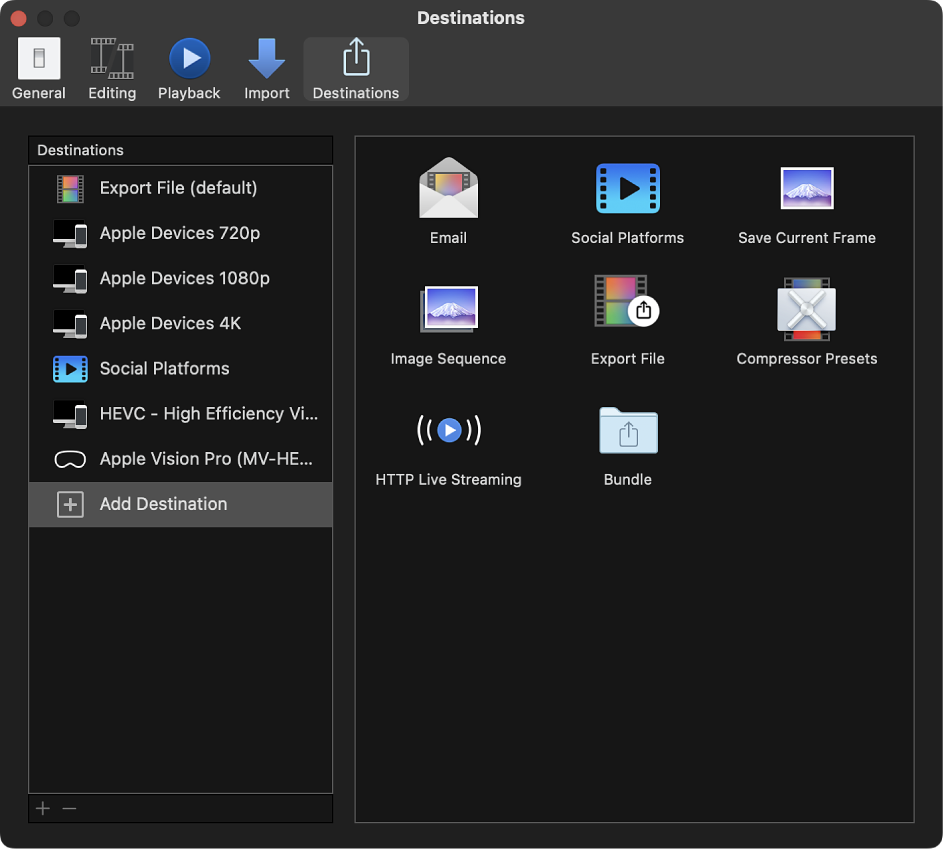 Der Bereich „Ziele“ im Final Cut Pro-Fenster „Einstellungen“