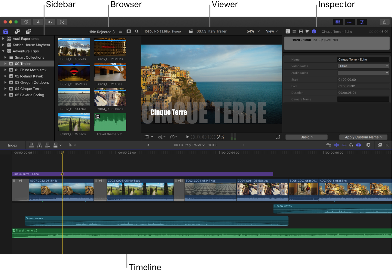 The Final Cut Pro window showing the sidebar, browser, viewer, inspector, and timeline