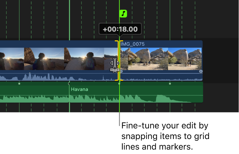 The timeline showing a roll edit being aligned with a beat in the beat grid
