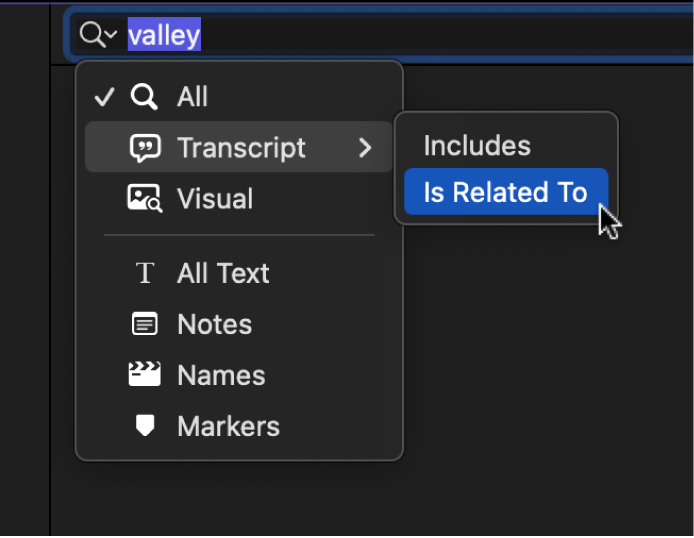 The search field pop-up menu showing Transcript selected and Is Related To selected in the submenu