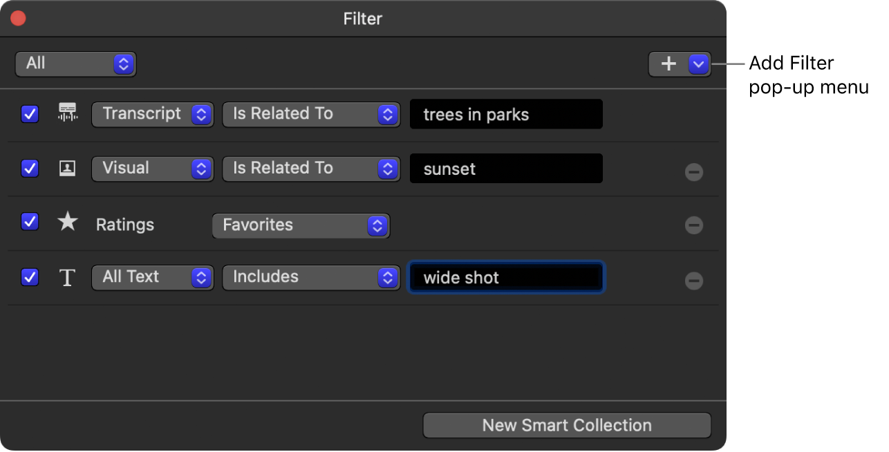 The Add Filter pop-up menu in the Filter window