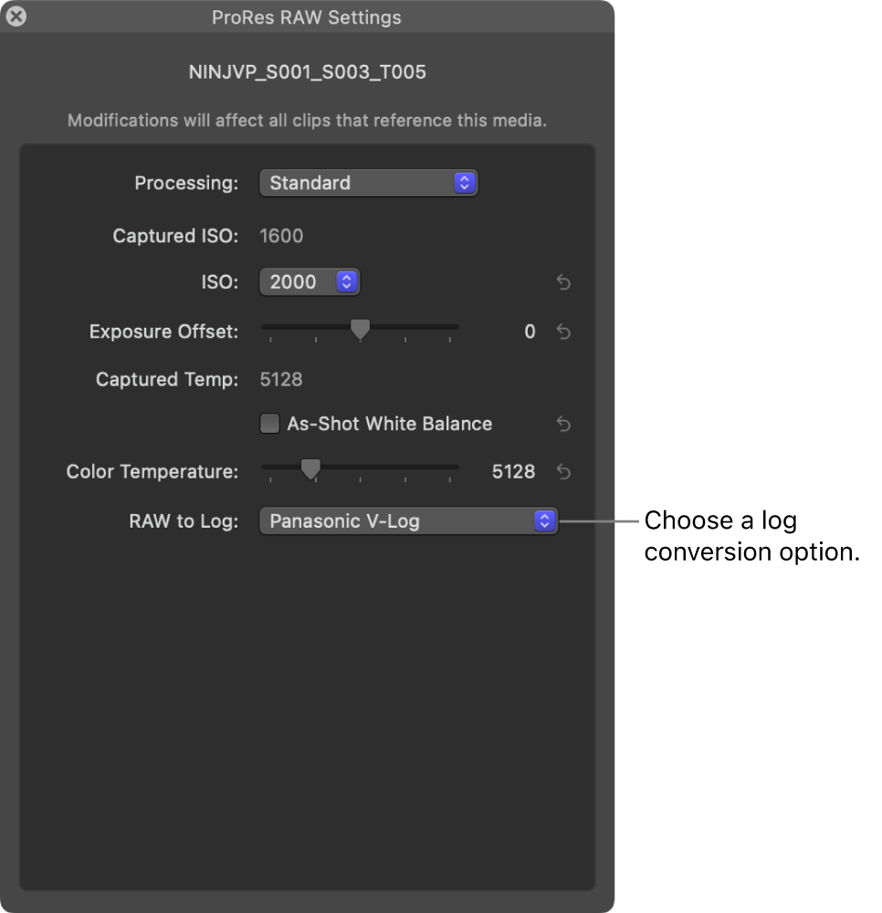 The ProRes RAW Settings window showing the RAW to Log pop-up menu