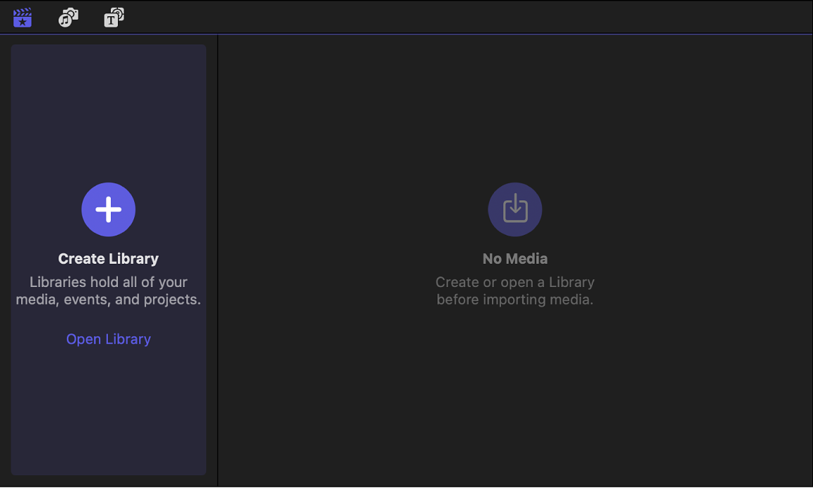 The Libraries sidebar in empty state and the dimmed browser with no media