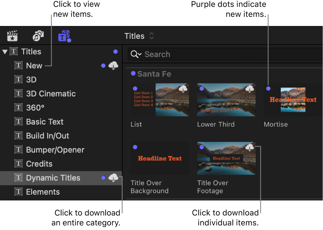 The Titles and Generators sidebar and the browser, with purple dots indicating new items and Download buttons on items that haven’t yet been downloaded