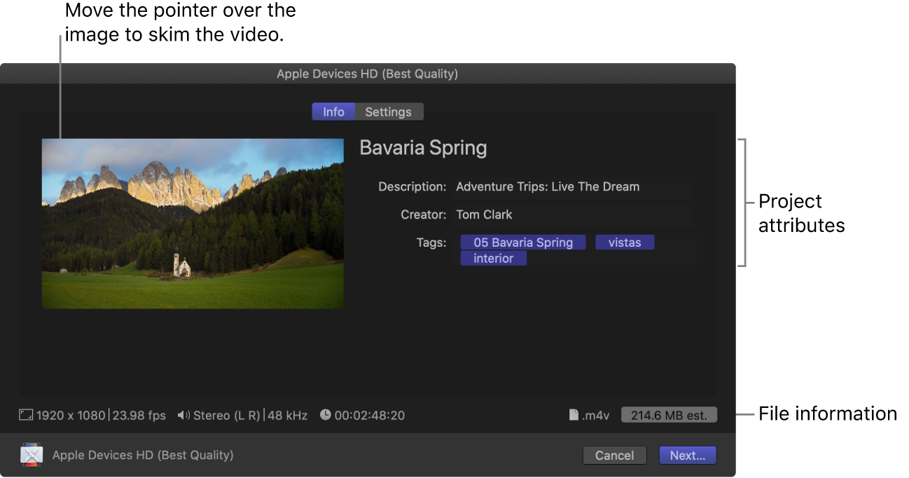 The Info pane of the Share window for a custom destination based on the Compressor Presets destination