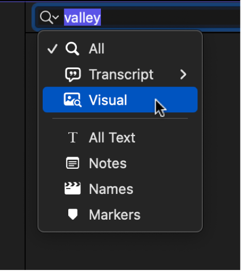 The search field pop-up menu showing search categories: All, Transcript, Visual, All Text, Notes, Names, and Markers