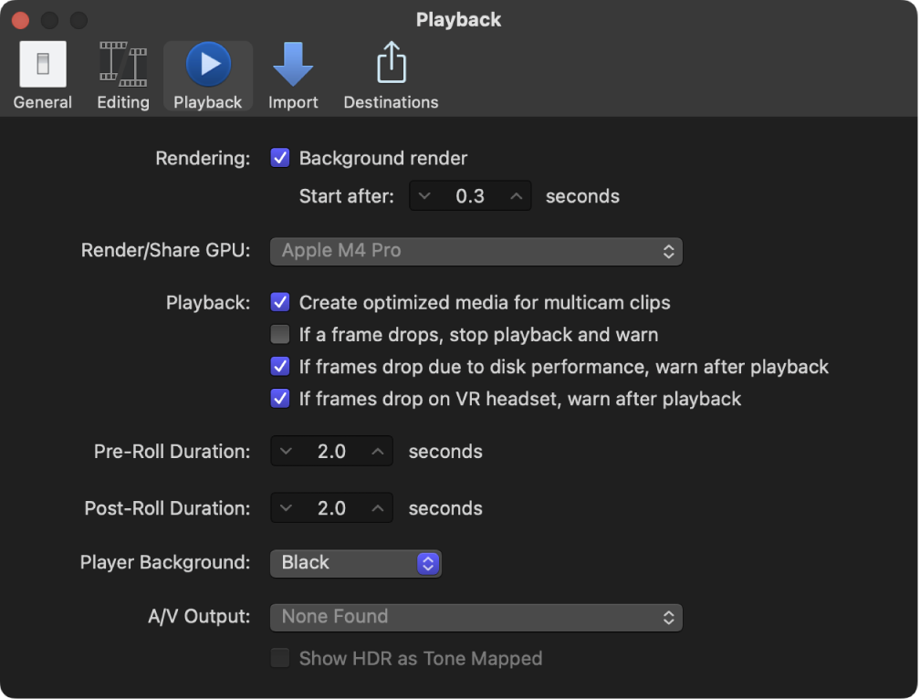 El panel Reproducción de la ventana Ajustes de Final Cut Pro