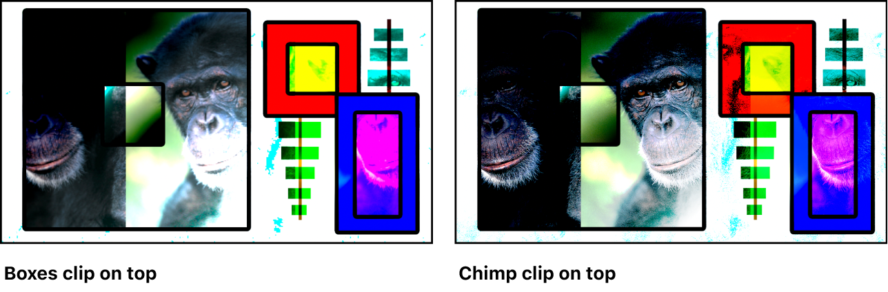 Dos versiones de las imágenes de las cajas y el chimpancé mezcladas mediante el modo de mezcla “Luz intensa”, con una imagen que muestra el clip de las cajas encima y la otra que muestra el clip del chimpancé encima