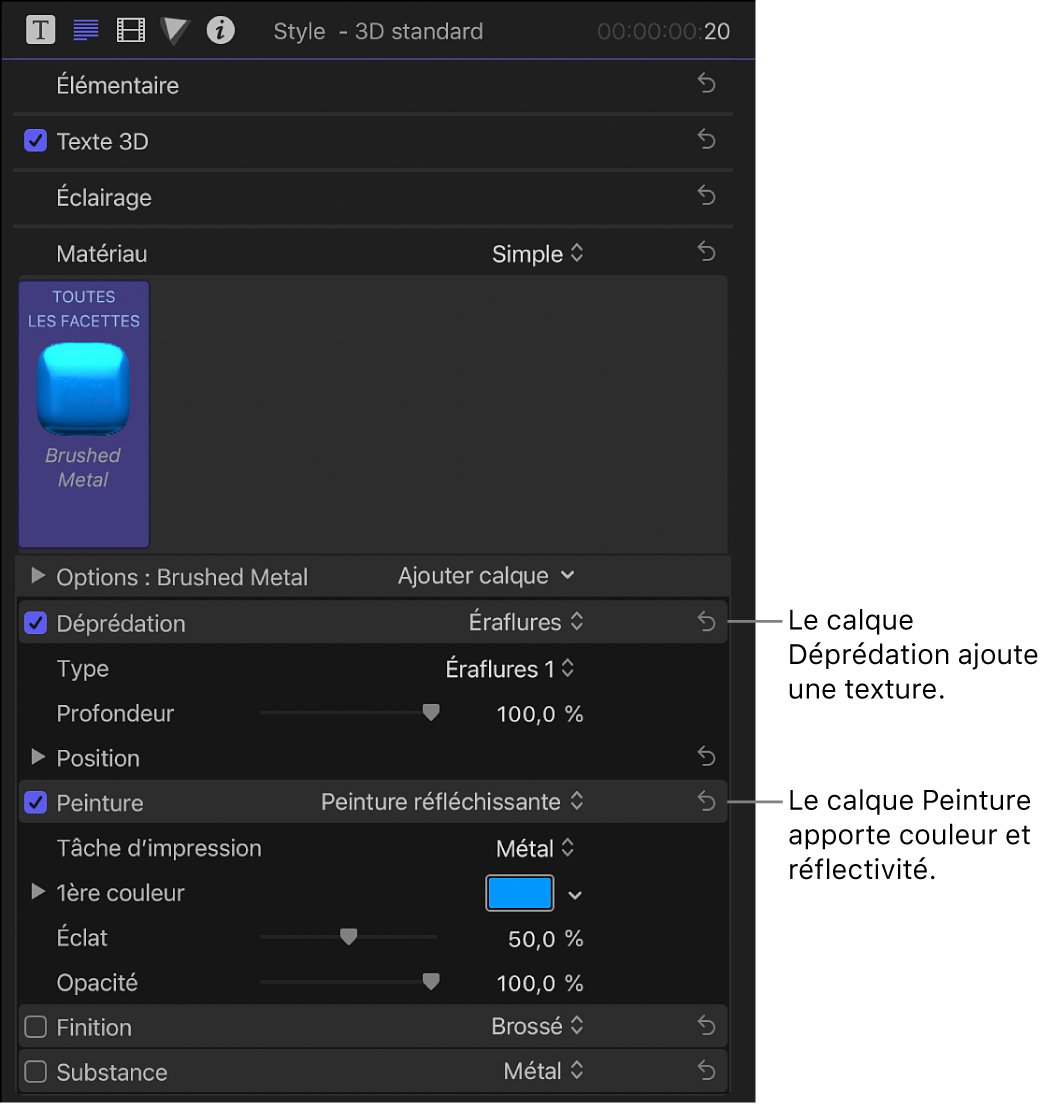 Section Matériau de l’inspecteur de texte affichant les calques Déprédation et Peinture