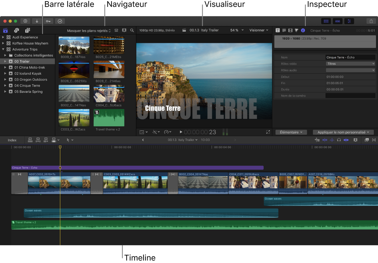 Fenêtre de Final Cut Pro affichant la barre latérale, le navigateur, le visualiseur, l’inspecteur et la timeline