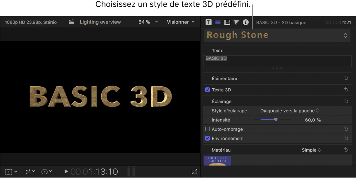 Titre 3D dans le visualiseur avec style de texte prédéfini Pierre brute et réglages correspondants dans l’inspecteur de texte