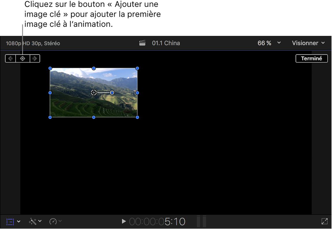 Visualiseur affichant l’effet Transformer et le bouton Ajouter une image clé
