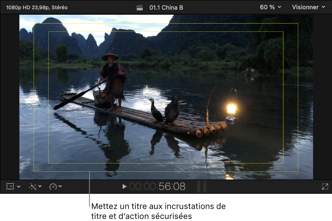 Visualiseur affichant les incrustations de titres et d’actions dans les zones sécurisées