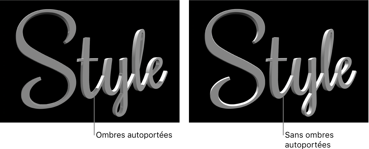 Titre 3D avec Auto-ombrage activé et désactivé dans le visualiseur