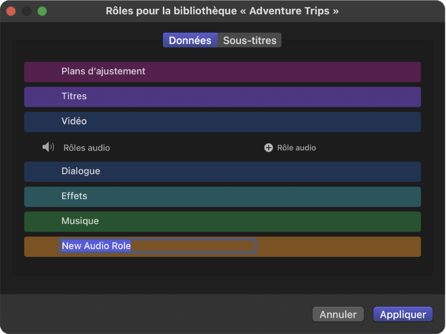 Nouveau rôle audio affiché dans l’éditeur de rôle