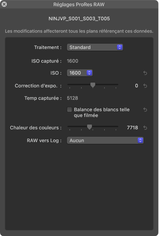 Fenêtre des réglages ProRes RAW affichant les réglages de l’option conversion standard