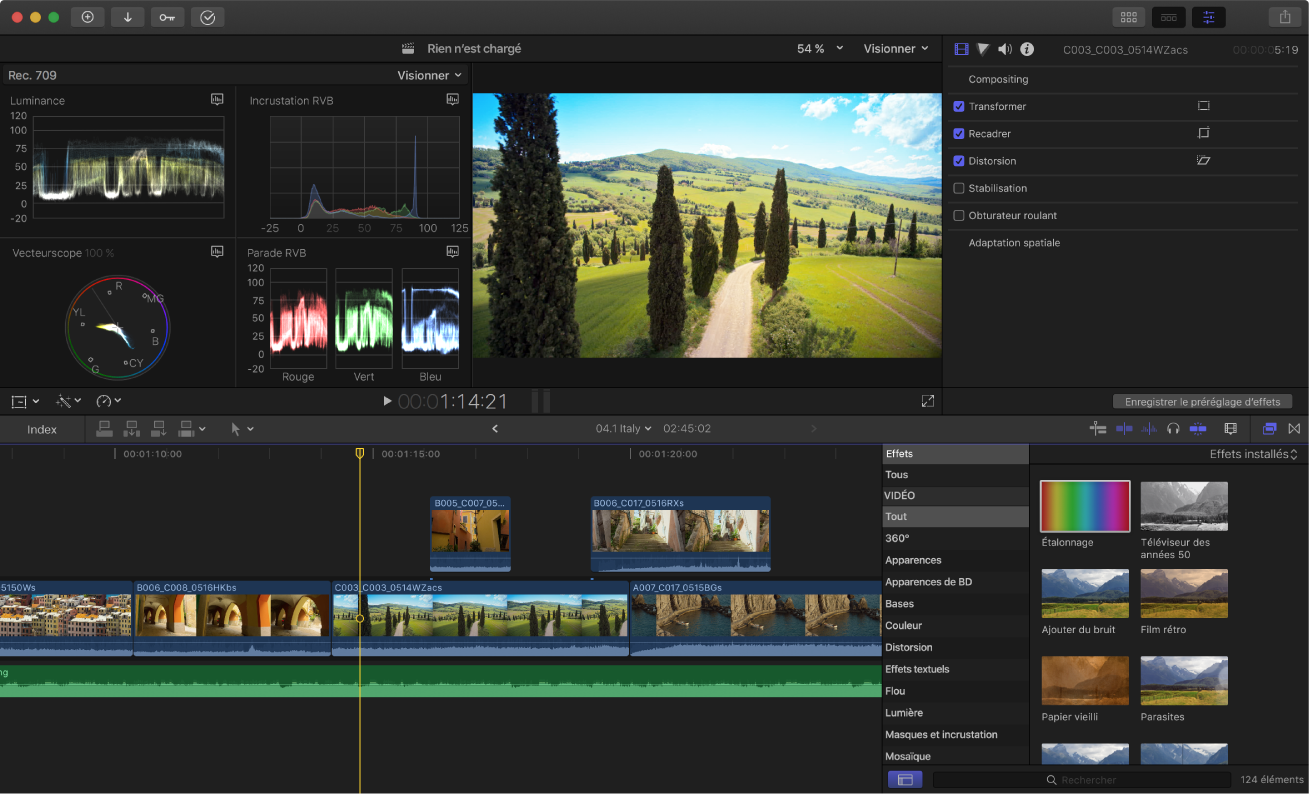 Fenêtre principale de Final Cut Pro montrant l’affichage d’instruments vidéo, le visualiseur, l’inspecteur, la timeline et le navigateur d’effets