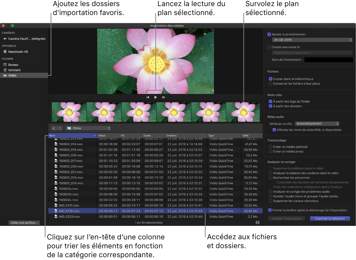 Fenêtre Importation des médias affichant les données disponibles dans le dossier sélectionné