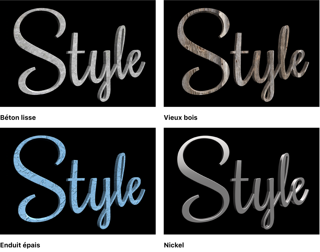 Visualiseur affichant quatre versions d’un titre 3D correspondant à l’application de différents matériaux prédéfinis : Béton lisse, Vieux bois, Enduit épais et Nickel