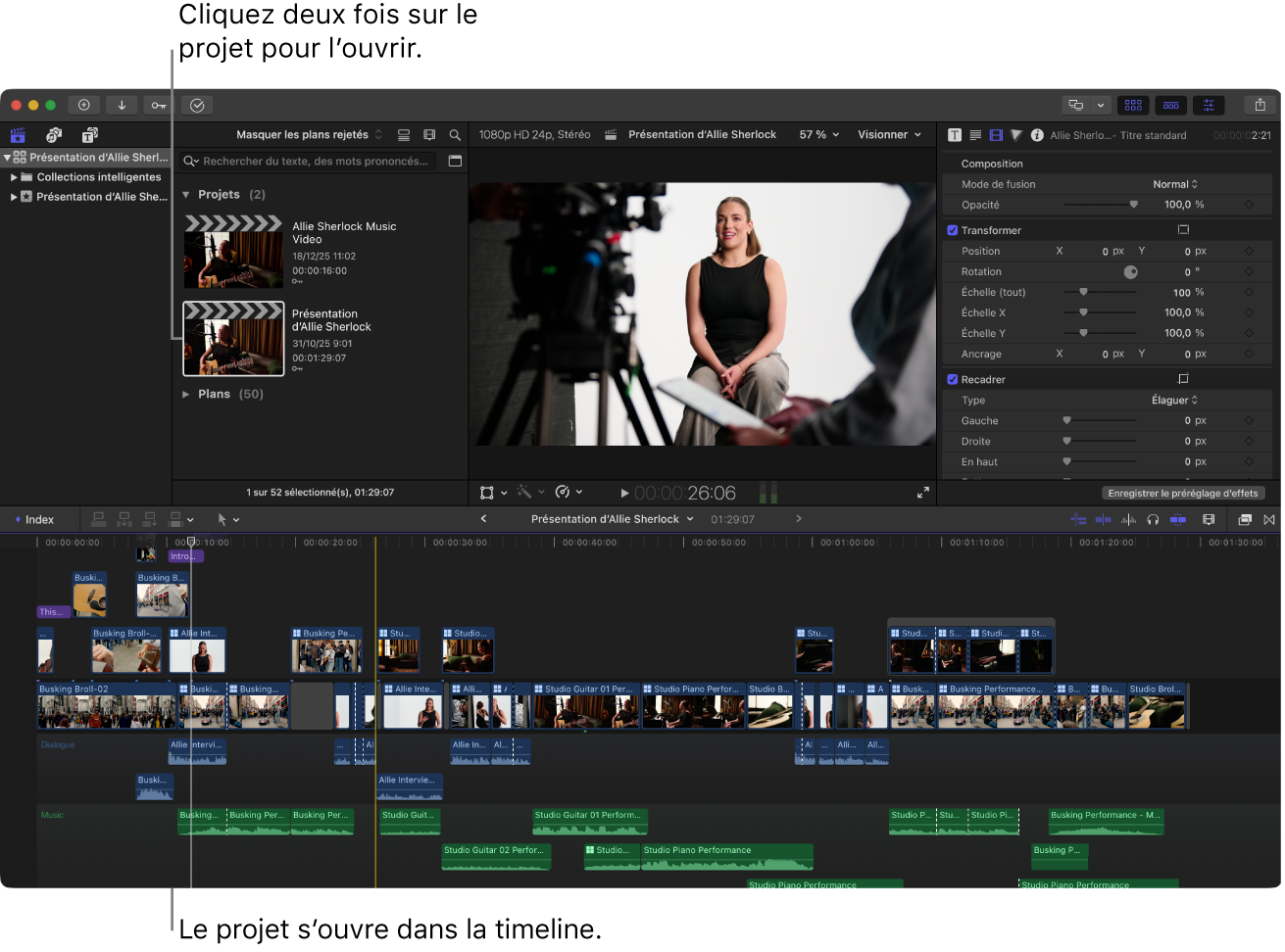 Un projet s’ouvre dans la timeline