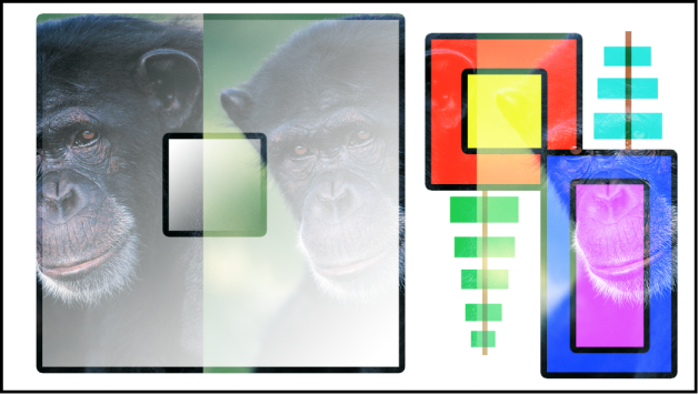 Les images de boîtes et de chimpanzé fusionnées à l’aide du mode de fusion Superposition