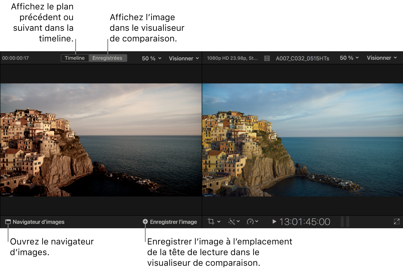 Visualiseur de comparaison affiché en mode Enregistrées à gauche du visualiseur, avec les boutons Timeline et Enregistrées en haut, le bouton Navigateur d’images dans la partie inférieure gauche et le bouton Enregistrer l’image en bas à droite
