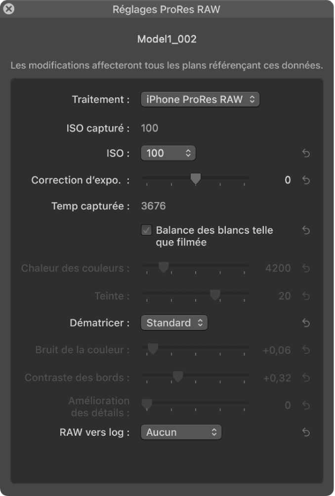 Fenêtre Réglages ProRes RAW affichant les réglages de conversion ProRes RAW de l’iPhone