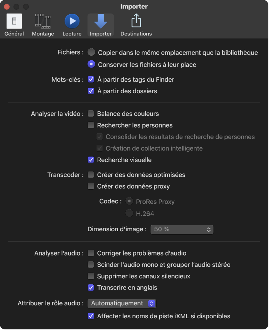 Sous-fenêtre Importation de la fenêtre Réglages de Final Cut Pro