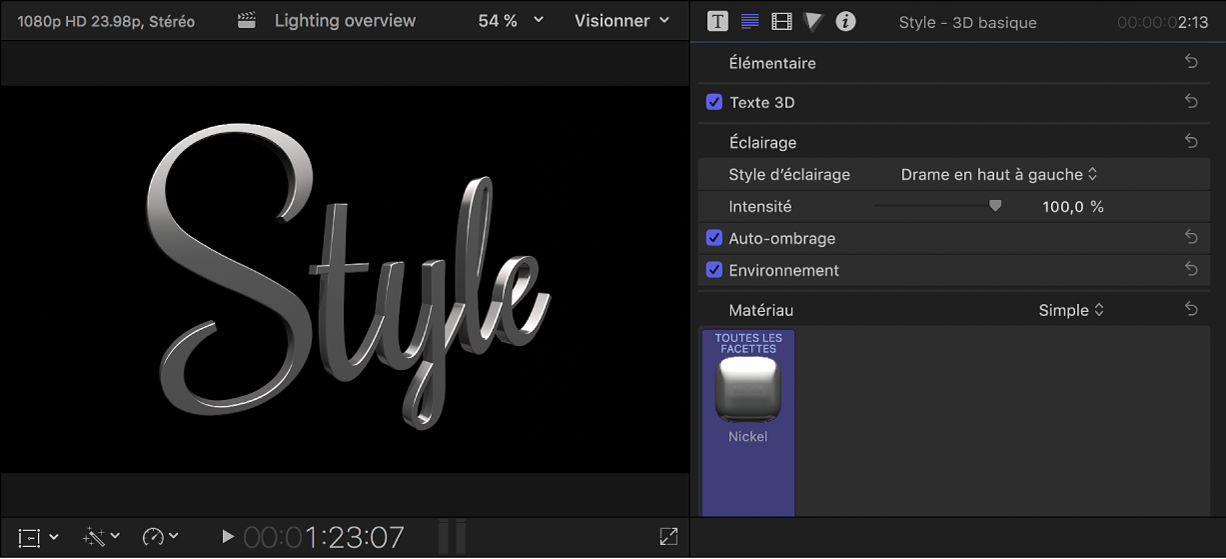 Titre 3D dans le visualiseur, avec réglages de style d’éclairage prédéfinis affichés dans l’inspecteur de texte