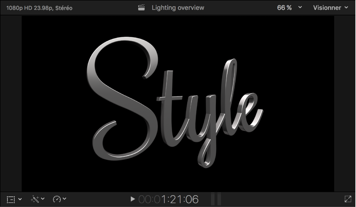 Visualiseur affichant un titre 3D avec un éclairage théâtral