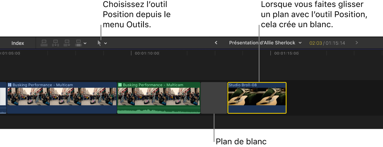 Timeline affichant l’outil Position et un plan glissé vers la droite en créant un vide
