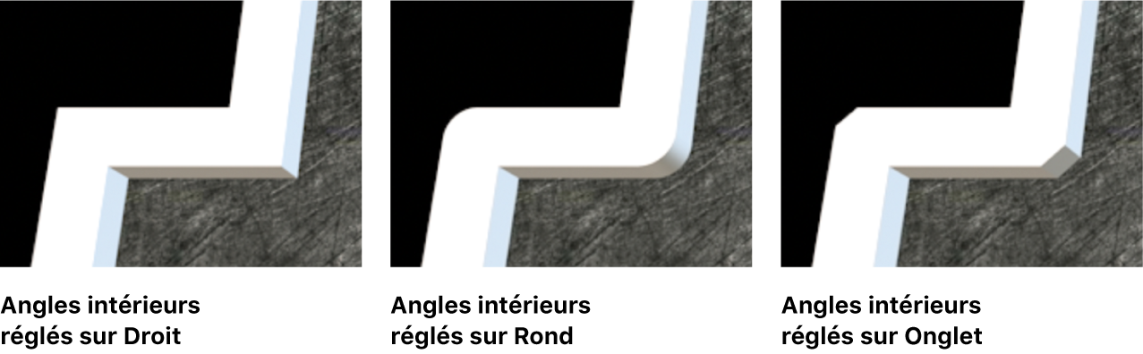 Trois instances de texte 3D dans le visualiseur avec ses Coins intérieurs réglés sur Droit, Rond et Angle