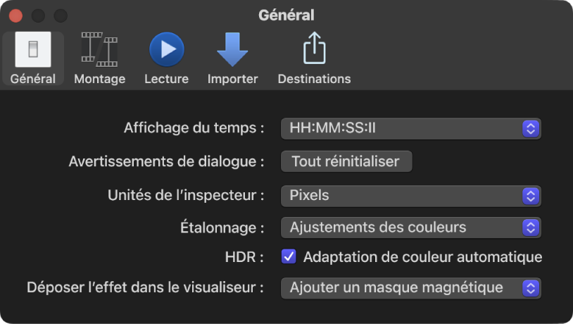 Sous-fenêtre Général de la fenêtre Réglages de Final Cut Pro