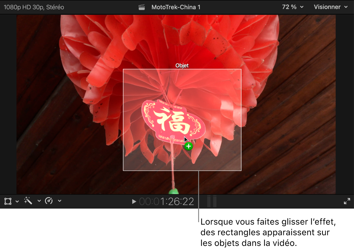 Effet glissé sur le visualiseur et rectangle blanc apparaissant par-dessus un objet dans la vidéo