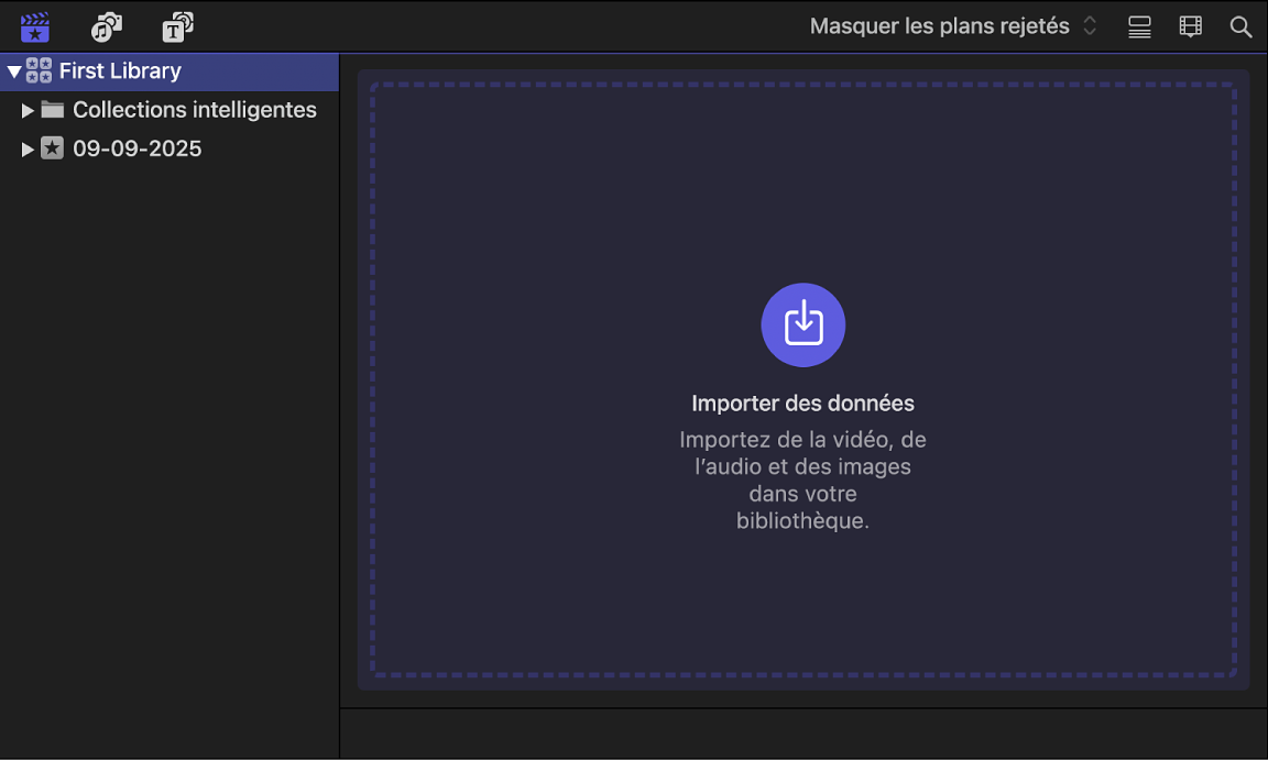 Barre latérale Bibliothèques avec une bibliothèque et un évènement, et navigateur avec le bouton « Importer des données »