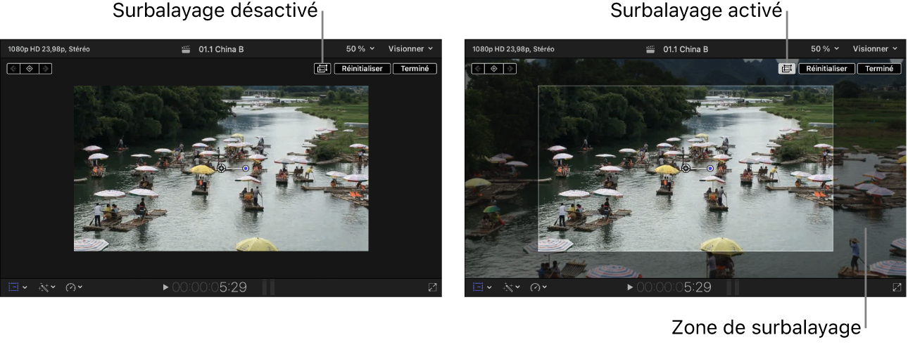 À droite, visualiseur avec surbalayage activé, montrant des parties de l’image en dehors du visualiseur ; à gauche, visualiseur avec surbalayage désactivé