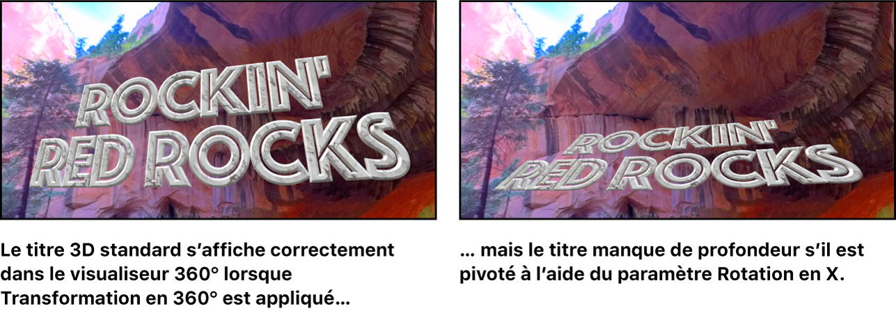 Titre 3D standard apparaissant sur un plan plat dans le visualiseur 360°, et ce même titre manquant de profondeur une fois pivoté à l’aide du paramètre Rotation en X