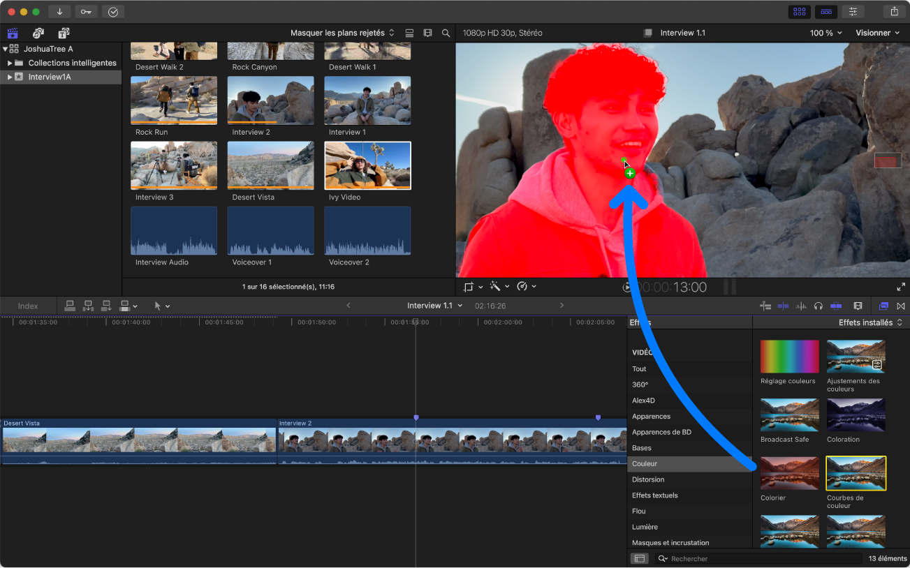 Un effet est glissé depuis le navigateur d’effets vers une personne au premier plan dans le visualiseur. Au fur et à mesure que vous faites glisser l’effet, la personne est mise en surbrillance, montrant où le masque magnétique sera appliqué.