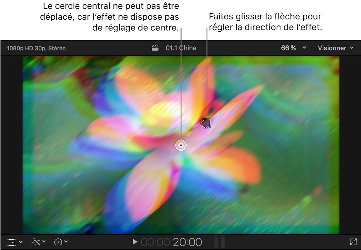 Visualiseur affichant les commandes à l’écran de l’effet Prisme