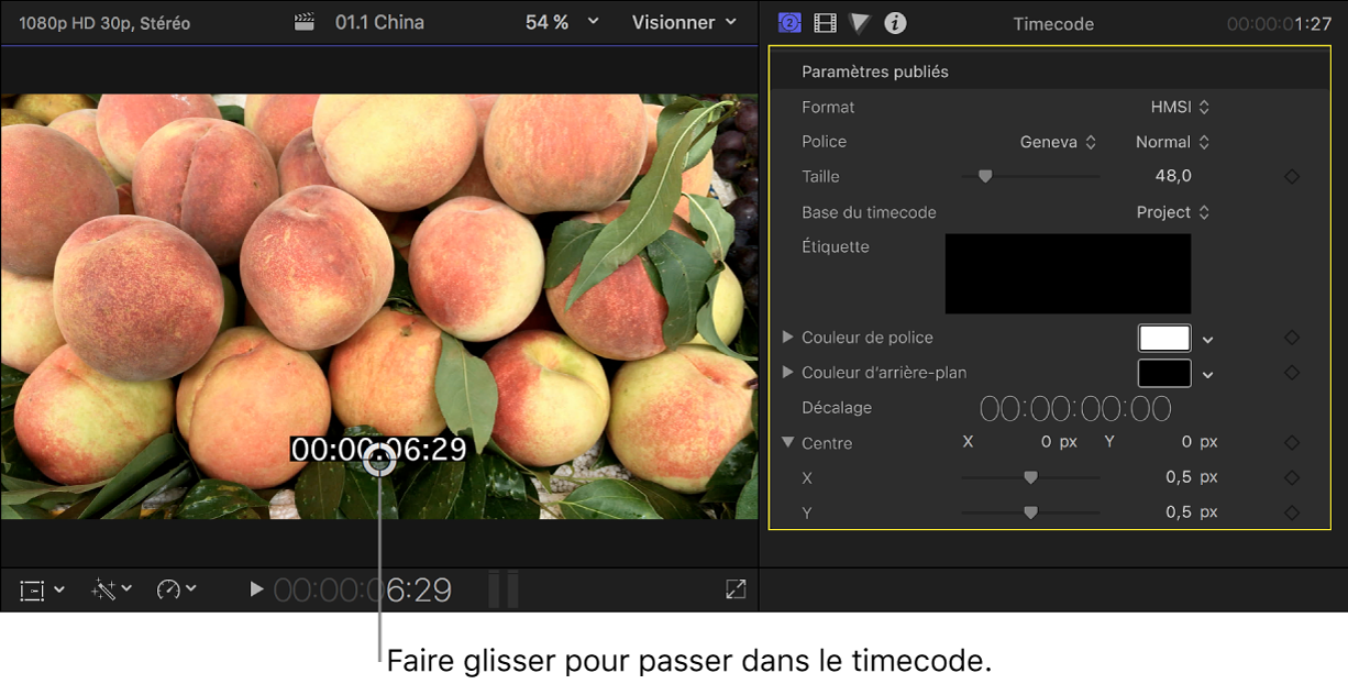 Visualiseur à gauche montrant une image vidéo avec le timecode superposé, et inspecteur de générateur à droite reprenant les réglages du plan de générateur de timecode