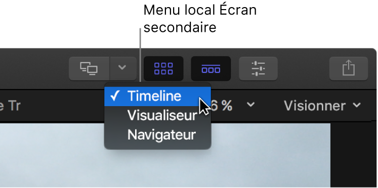 Menu local Écran secondaire dans la barre d’outils