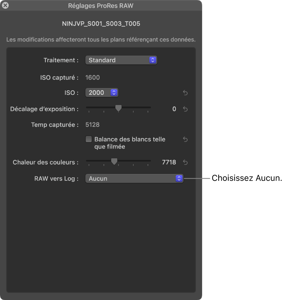 Fenêtre « Réglages ProRes RAW » avec « RAW vers log » réglé sur Aucune