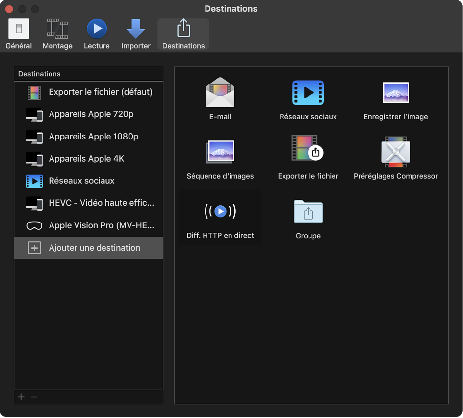 Sous-fenêtre Destinations de la fenêtre Réglages de Final Cut Pro
