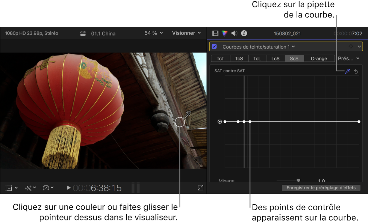 Pipette placée sur une couleur dans le visualiseur et inspecteur de couleur affichant les points contrôle sur la courbe Sat contre Sat