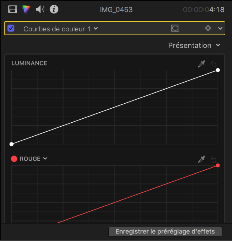 Inspecteur de couleur montrant les courbes de couleur dans l’effet Courbes de couleurs
