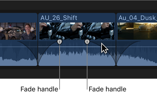 タイムライン内のクリップのフェードハンドル